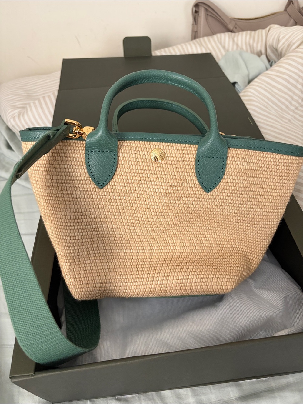 Longchamp Green Trim Woven Straw Crossbody Tote with Bead Charm - Picture 11 of 13